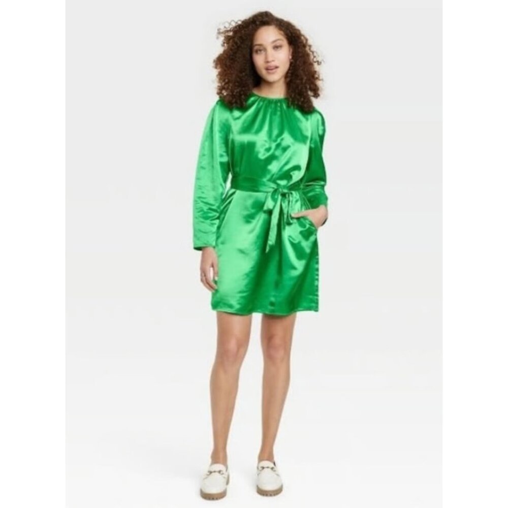 A New Day‎ Green Satin Shiny Long Sleeve Dress with Tie Pockets Size M Spring